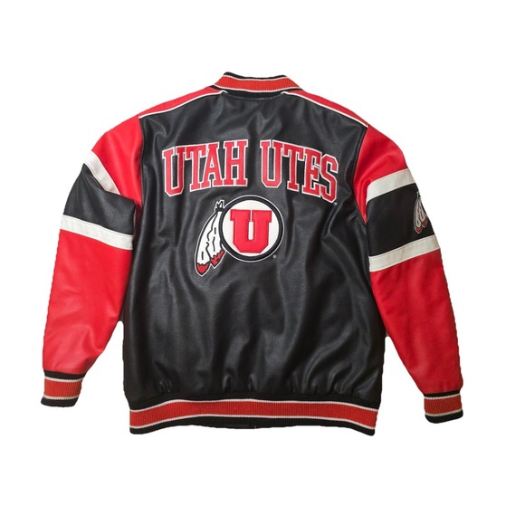 University Of Utah Utes Varsity Letterman Jacket Men's L Black Red Faux Leather - Picture 1 of 12